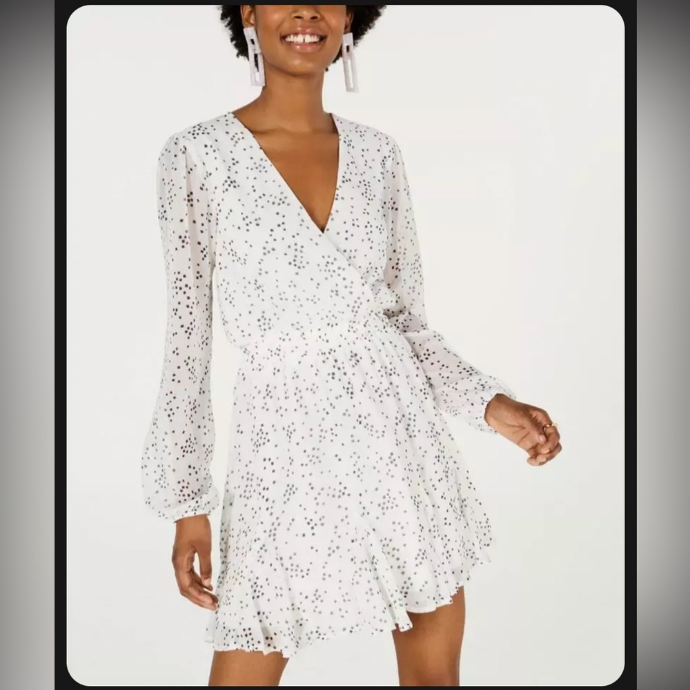 White with Black Square Pattern Long Sheer Sleeve Skater style Dress